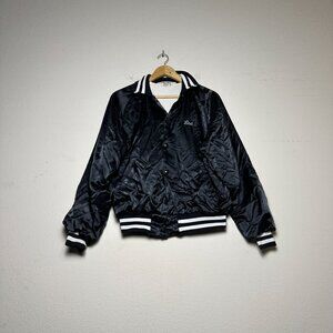VTG Don Alleson Bomber Satin Varsity Jacket Women M Black "Lisa" 90s Button Up